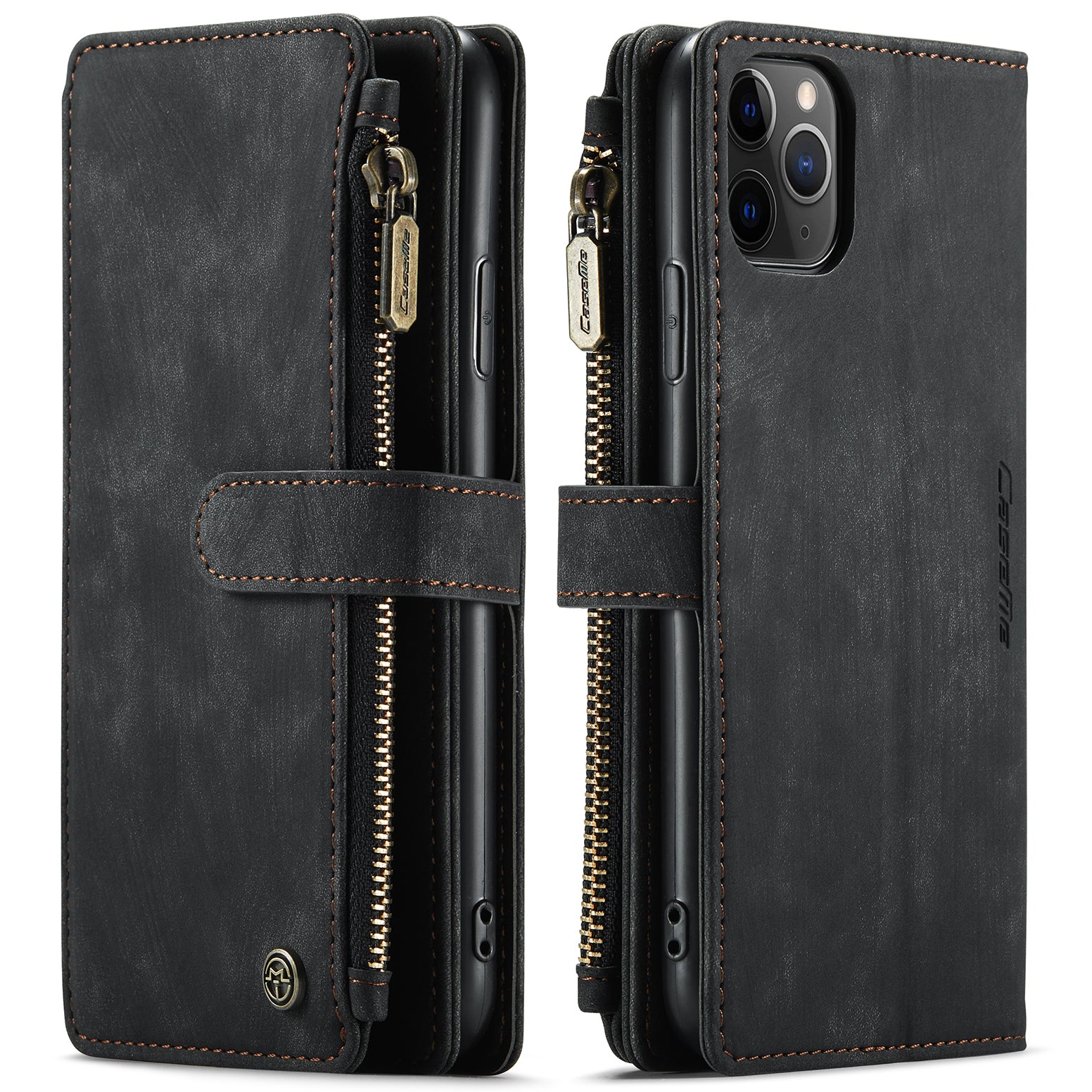 CASEME C30 Series Compatible for iPhone 11 Pro Max 6.5 inch Zipper Pocket  Shockproof PU Leather Wallet Case Phone Stand Cover with 10 Card Slots