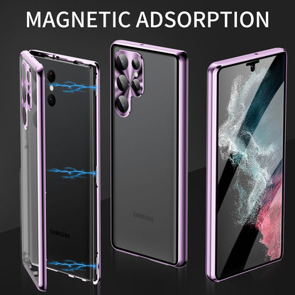 For Samsung Galaxy S22 Ultra 5G Phone Case Double-Sided Tempered Glass + Magnetic Metal Frame Cover with Lock Buckle