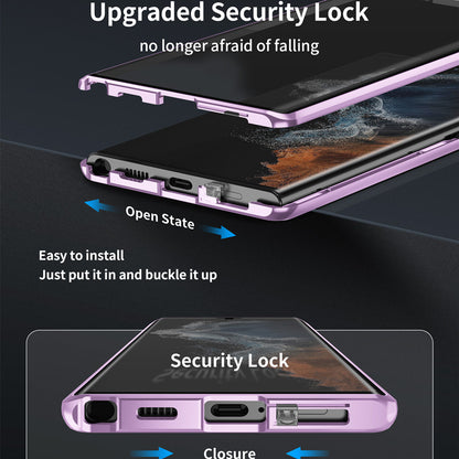 For Samsung Galaxy S22 Ultra 5G Phone Case Double-Sided Tempered Glass + Magnetic Metal Frame Cover with Lock Buckle