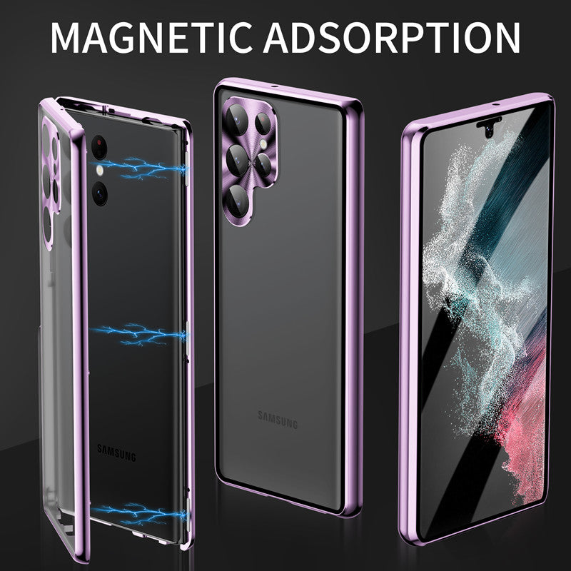 For Samsung Galaxy S22 Ultra 5G Phone Case Double-Sided Tempered Glass + Magnetic Metal Frame Cover with Lock Buckle