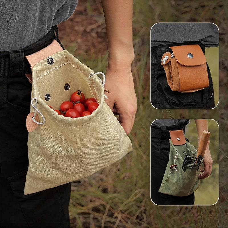 HALIN Fruit Picking Bag Waist Hanging Drawstring Canvas Foraging Pouch for Outdoor Camping Picnic