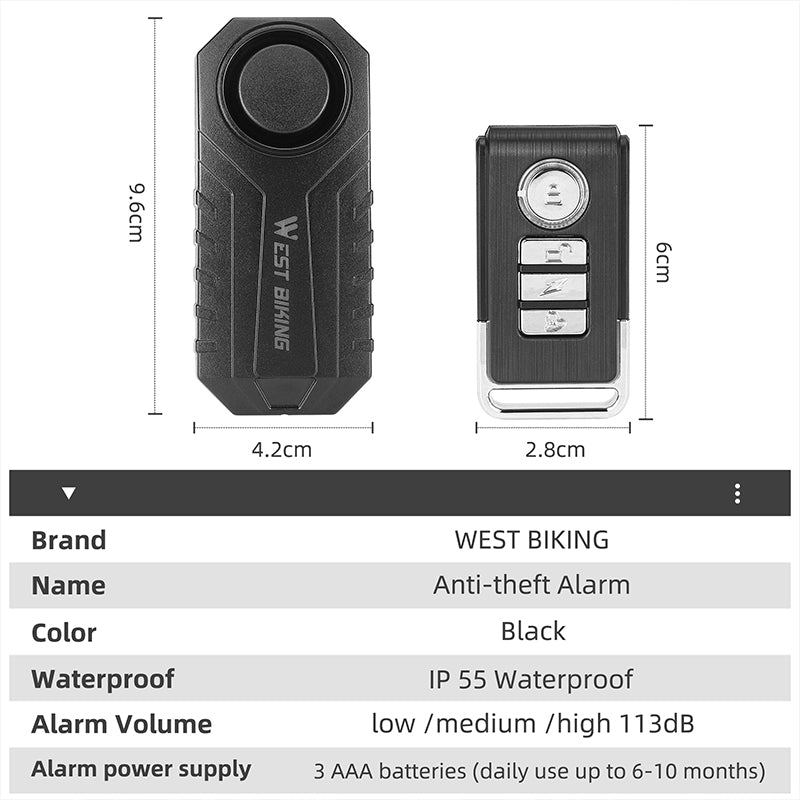 WEST BIKING YP0706052 Wireless Bicycle Alarm Bike Scooter Remote Control Anti-theft Loud Sound Alarm