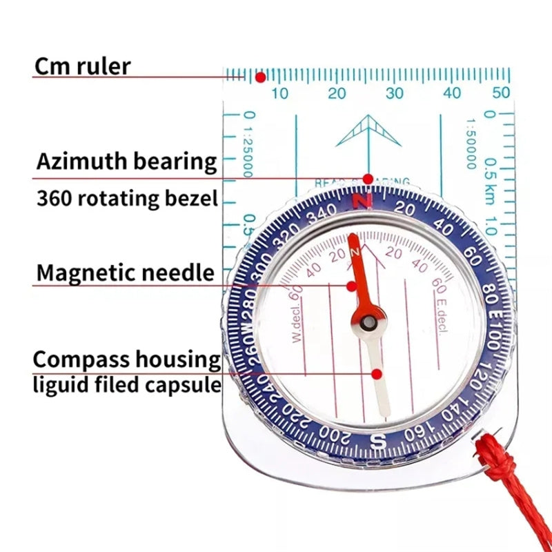 DC47-3 Outdoor Acrylic Compass Map Scale for Hiking, Camping, Trekking Multifunctional Compass with Strap