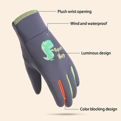 AOTU 1 Pair Winter Children Waterproof Gloves Kids Sports Reflective Fleece Lining Mittens (For 8-13 Years Old)