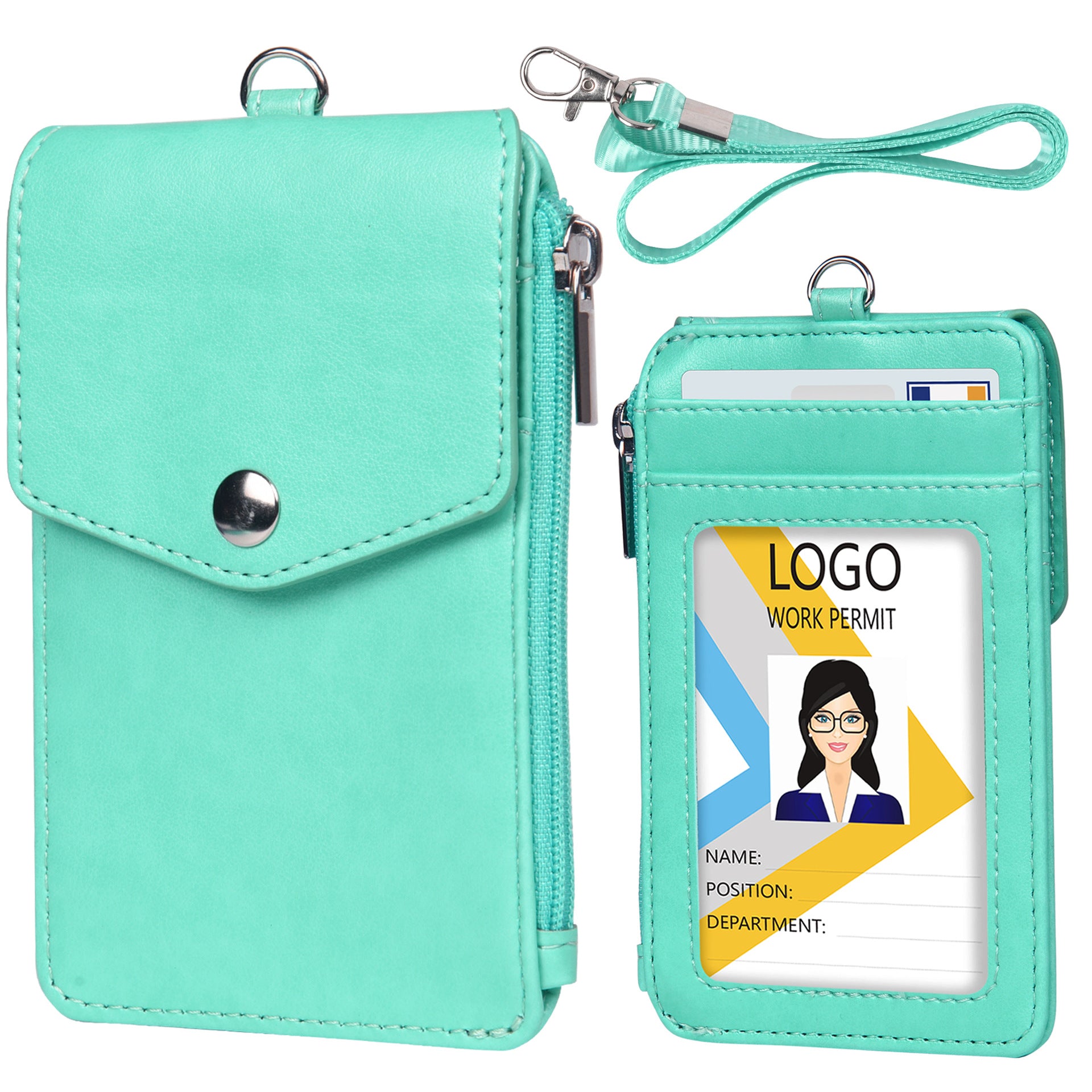 Zipper Pocket Design PU Leather Card Bag ID Bus Card Holder with Neck Strap