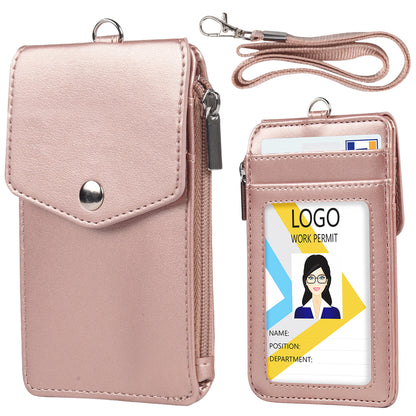 Zipper Pocket Design PU Leather Card Bag ID Bus Card Holder with Neck Strap