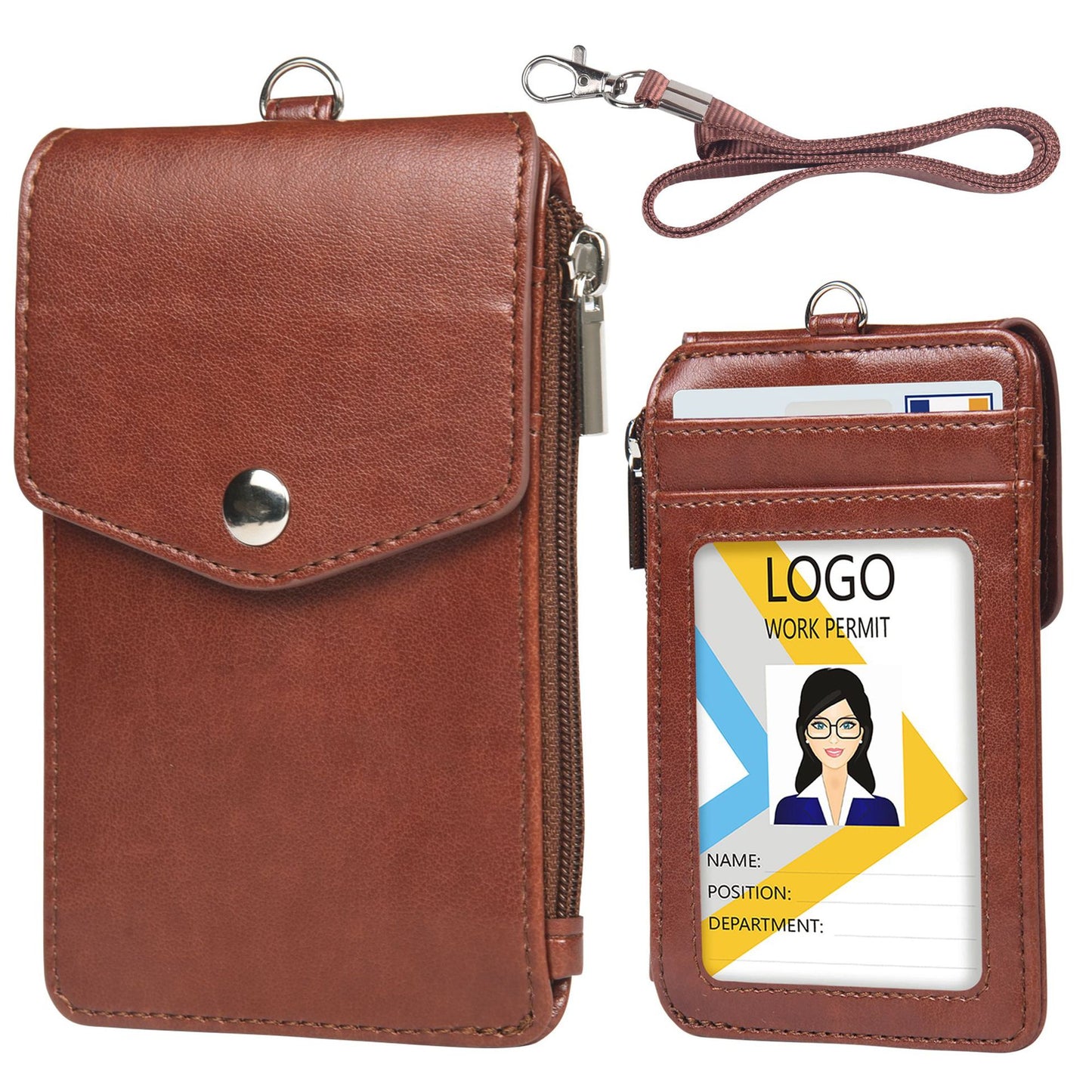 Zipper Pocket Design PU Leather Card Bag ID Bus Card Holder with Neck Strap