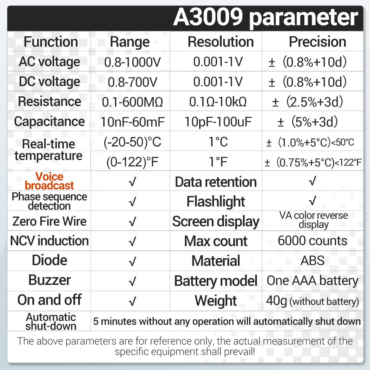 ANENG A3009 Voice Broadcast Multifunction Digital Multimeter Set Portable Handheld Pen Tester