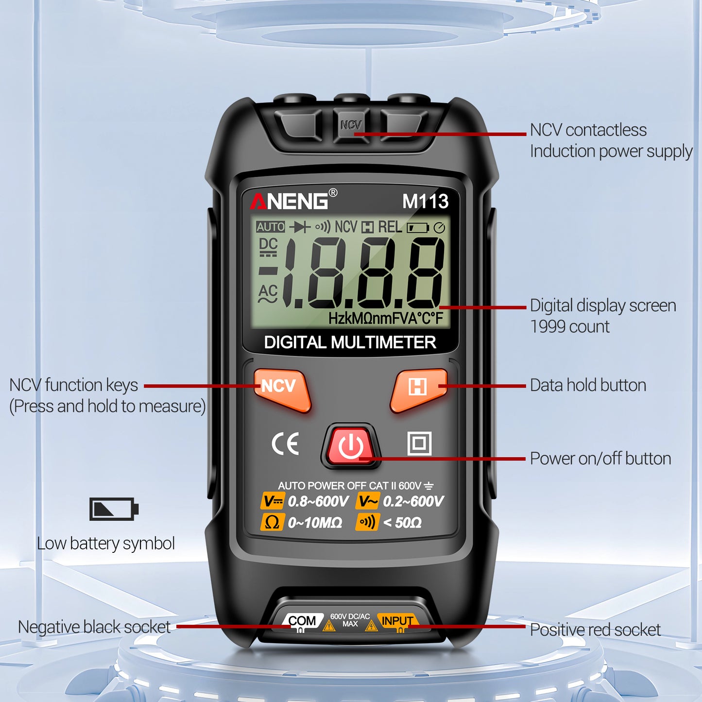 ANENG M113 1999 Counts Mini Digital Multimeter AC / DC Voltage Meter Ohm NCV Resistance Volt Tester Electricity Tool