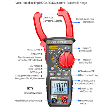 ANENG PN201 Voice Meter Clamp Multimeter DC / AC Current Voltage Tester 4000 Counts MultIi-tester NCV Ohm Capacitance Test Tool