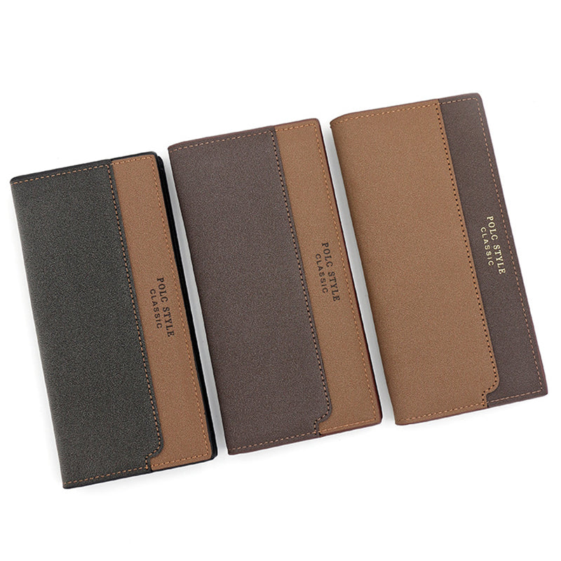 POLC 993-7 Dual Color Splicing PU Leather Men Long Wallet Tri-fold Large Capacity Wallet