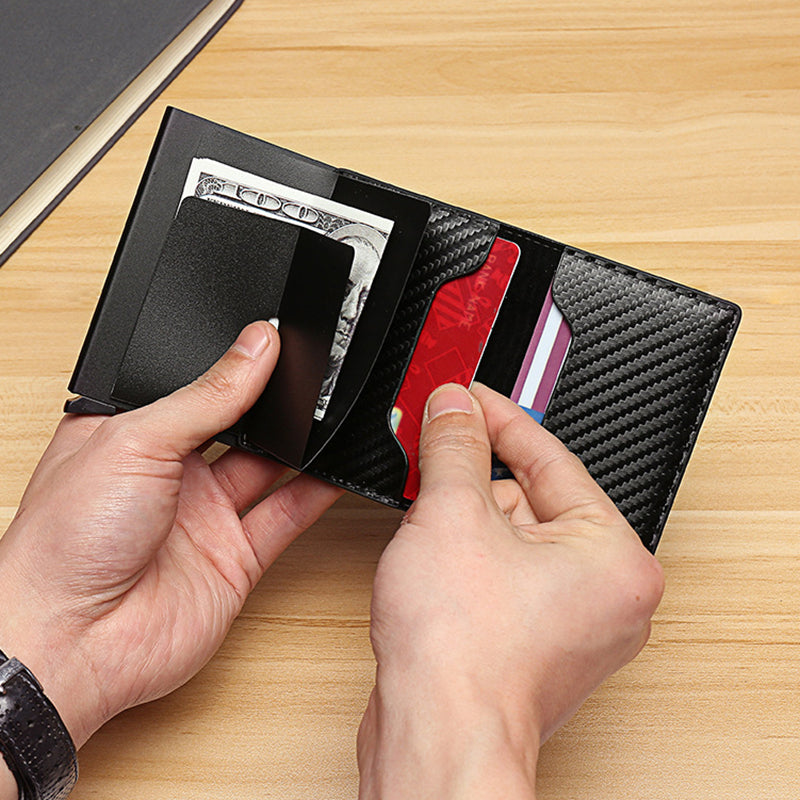 RFID Blocking Automatic Pop Up PU Leather + Aluminum Alloy Credit Card Holder Case Pocket Wallet