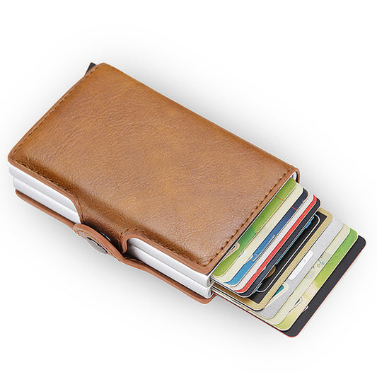 Credit Card Holder RFID Blocking PU Leather + Aluminum Alloy Pop Out Double Layer Card Case