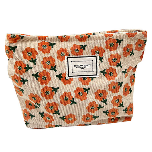 Portable Makeup Bag Vintage Flower Pattern Corduroy Travel Toiletry Organizer Zipper Pouch