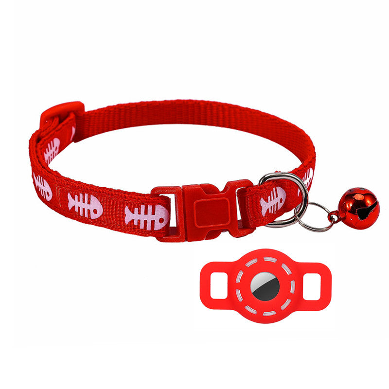 Fishbone Pattern Adjustable Pet Collar Silicone Case for AirTag GPS Cats Dogs Collar with Bell