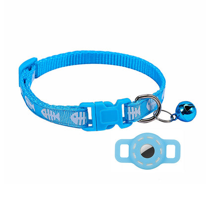 Fishbone Pattern Adjustable Pet Collar Silicone Case for AirTag GPS Cats Dogs Collar with Bell