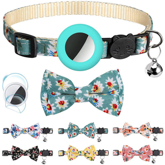 Adjustable Pet Collar with Silicone Case+Film for AirTag GPS Cats Dogs Collar with Bell, Bow