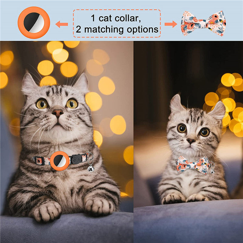 Adjustable Pet Collar with Silicone Case+Film for AirTag GPS Cats Dogs Collar with Bell, Bow