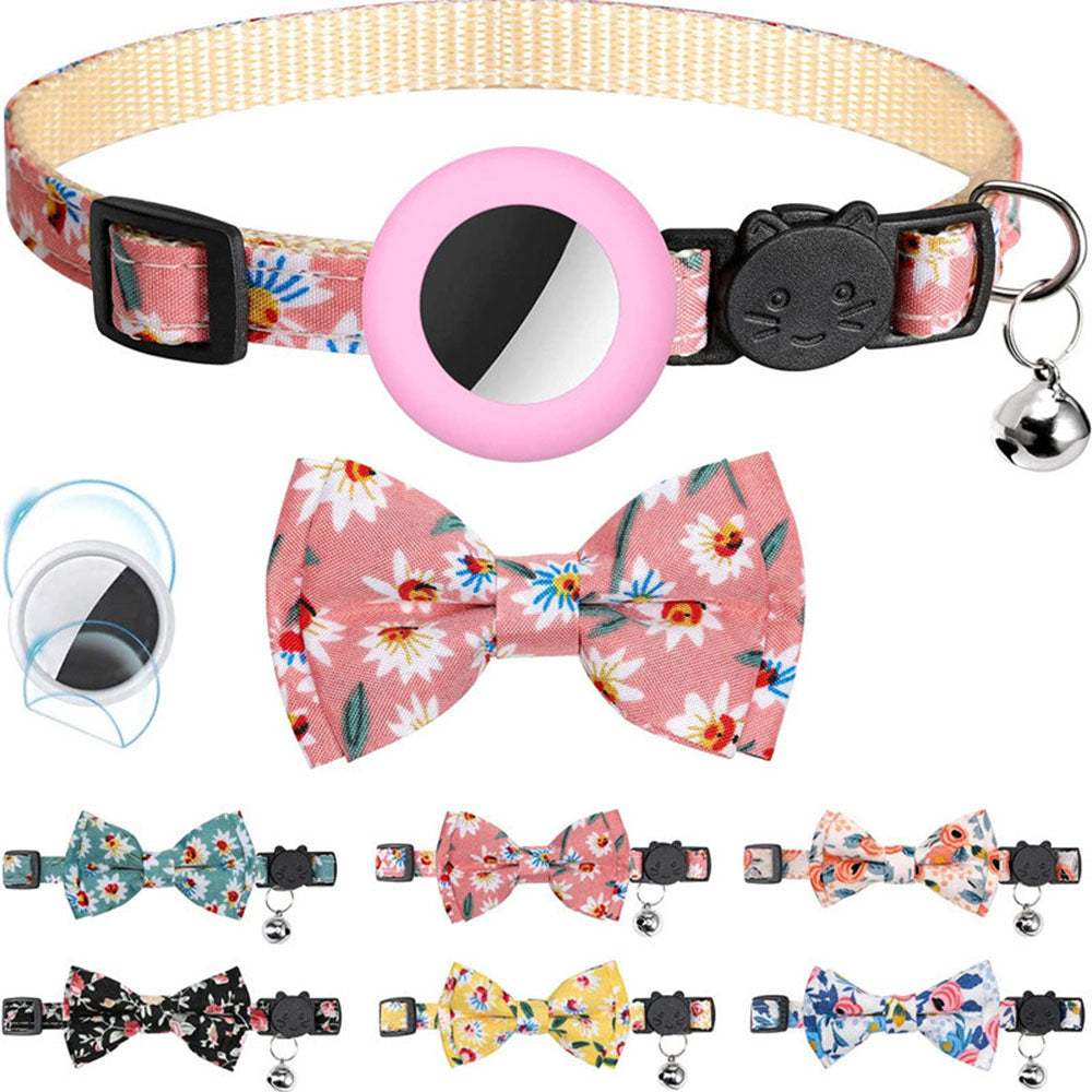 Adjustable Pet Collar with Silicone Case+Film for AirTag GPS Cats Dogs Collar with Bell, Bow