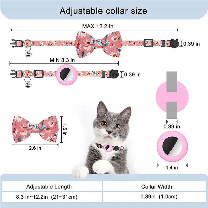 Adjustable Pet Collar with Silicone Case+Film for AirTag GPS Cats Dogs Collar with Bell, Bow