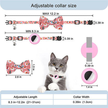 Adjustable Pet Collar with Silicone Case+Film for AirTag GPS Cats Dogs Collar with Bell, Bow