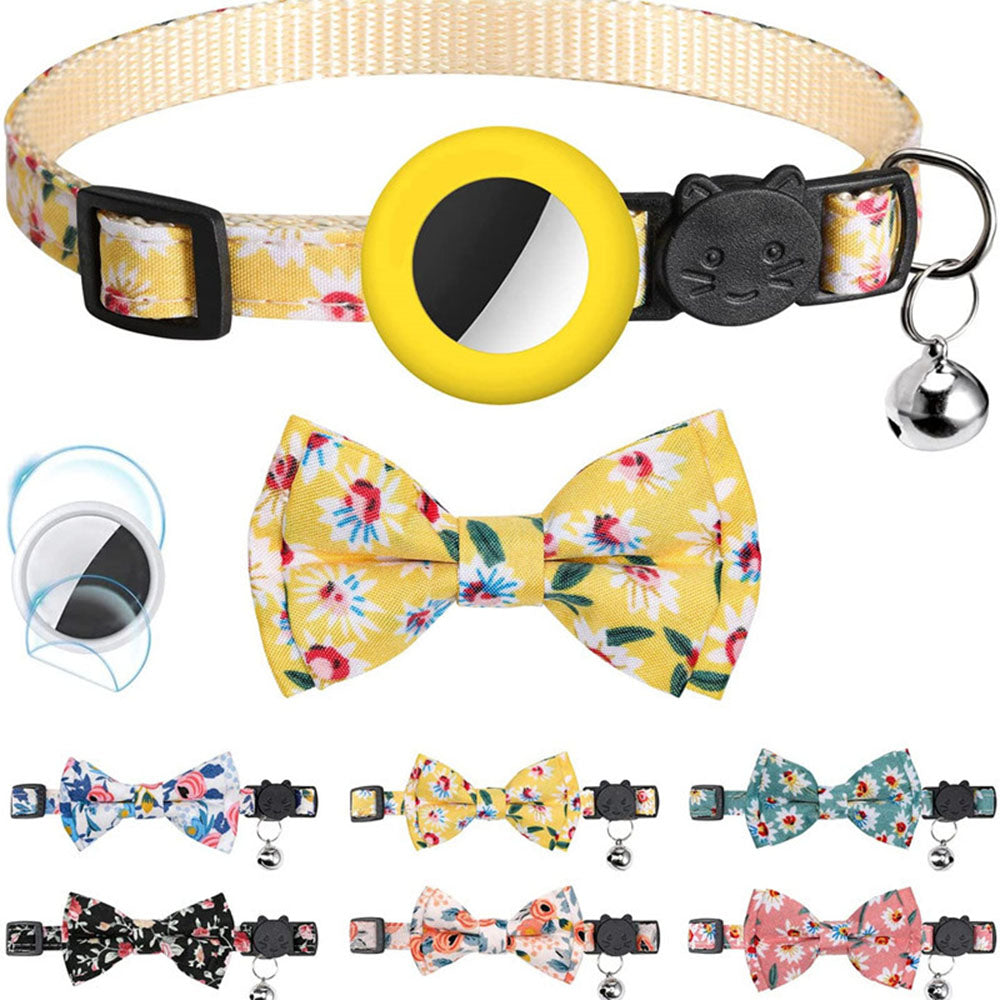 Adjustable Pet Collar with Silicone Case+Film for AirTag GPS Cats Dogs Collar with Bell, Bow