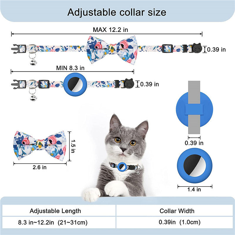 Adjustable Pet Collar with Silicone Case+Film for AirTag GPS Cats Dogs Collar with Bell, Bow