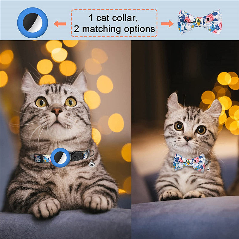 Adjustable Pet Collar with Silicone Case+Film for AirTag GPS Cats Dogs Collar with Bell, Bow