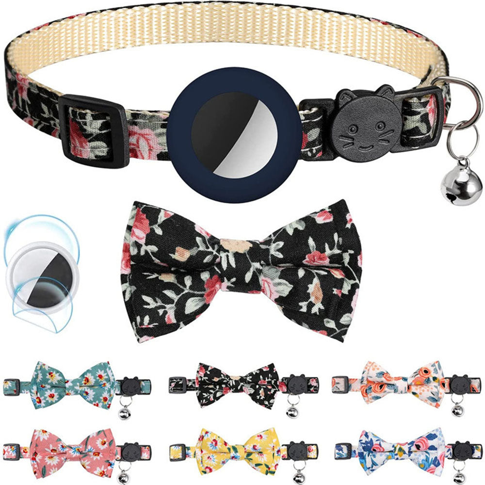 Adjustable Pet Collar with Silicone Case+Film for AirTag GPS Cats Dogs Collar with Bell, Bow