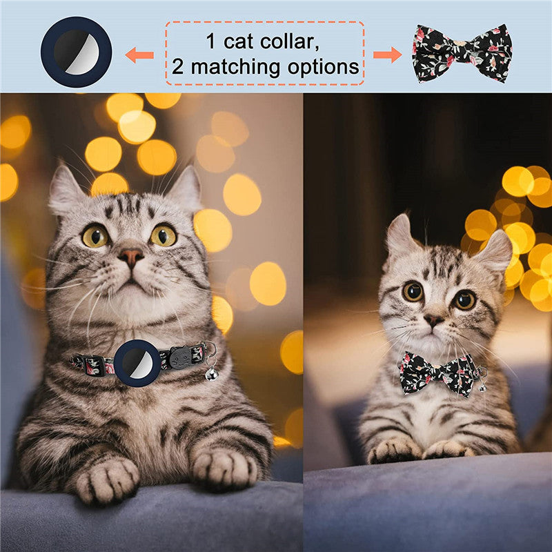 Adjustable Pet Collar with Silicone Case+Film for AirTag GPS Cats Dogs Collar with Bell, Bow