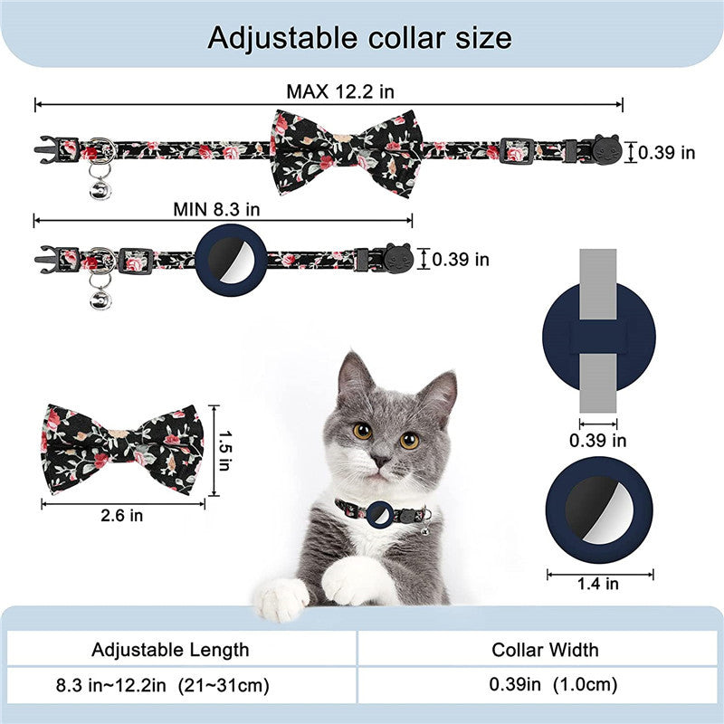 Adjustable Pet Collar with Silicone Case+Film for AirTag GPS Cats Dogs Collar with Bell, Bow