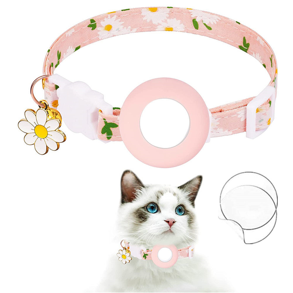 Daisy Pattern Adjustable Pet Collar with Silicone Case + Protective Film for AirTag Tracker