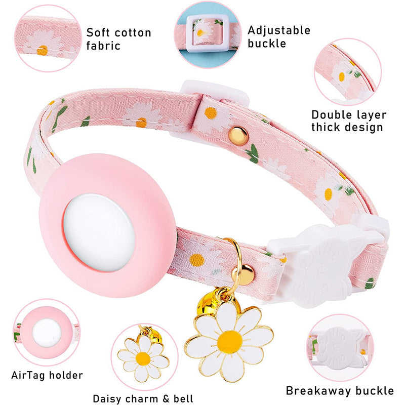 Daisy Pattern Adjustable Pet Collar with Silicone Case + Protective Film for AirTag Tracker