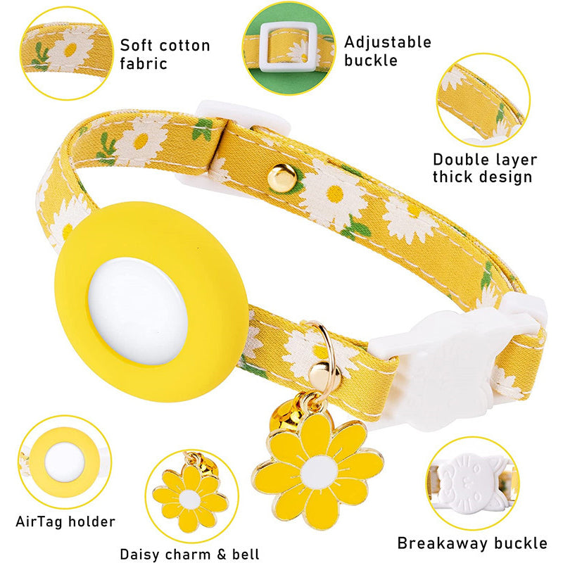 Daisy Pattern Adjustable Pet Collar with Silicone Case + Protective Film for AirTag Tracker