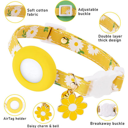 Daisy Pattern Adjustable Pet Collar with Silicone Case + Protective Film for AirTag Tracker