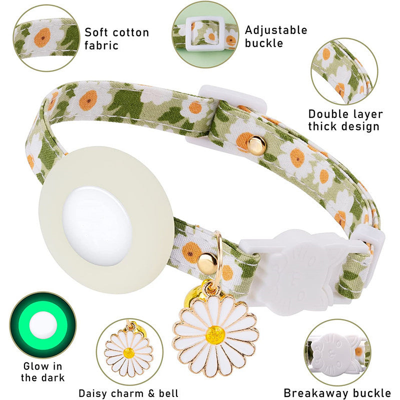 Daisy Pattern Adjustable Pet Collar with Silicone Case + Protective Film for AirTag Tracker