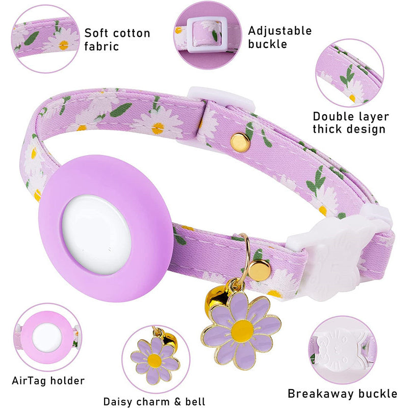 Daisy Pattern Adjustable Pet Collar with Silicone Case + Protective Film for AirTag Tracker