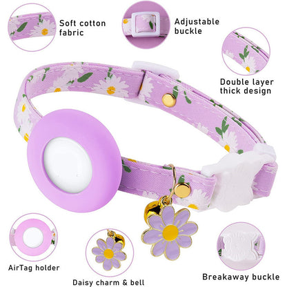 Daisy Pattern Adjustable Pet Collar with Silicone Case + Protective Film for AirTag Tracker