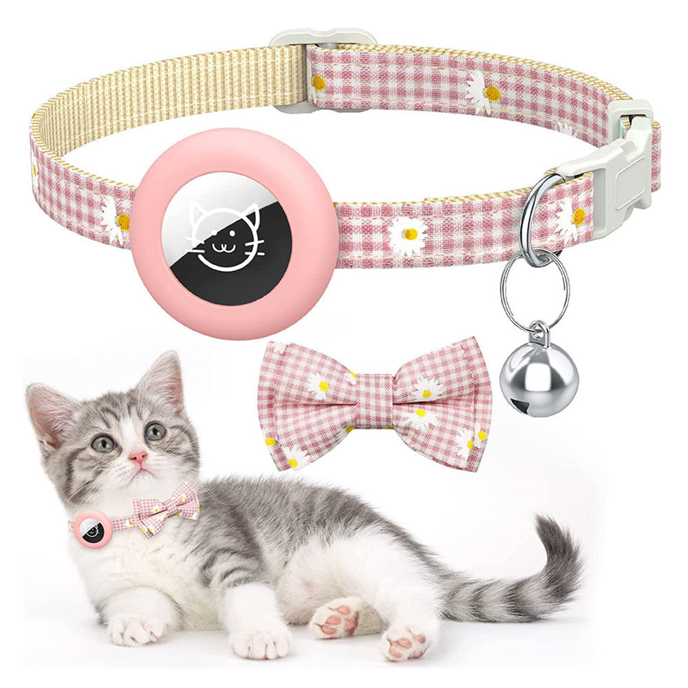 For AirTag Anti-lost Tracker Silicone Case Grid Daisy Pattern Pet Safety Collar with Bow