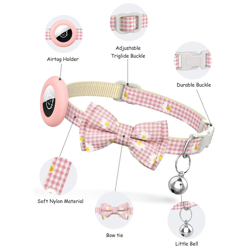 For AirTag Anti-lost Tracker Silicone Case Grid Daisy Pattern Pet Safety Collar with Bow