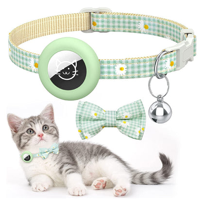 For AirTag Anti-lost Tracker Silicone Case Grid Daisy Pattern Pet Safety Collar with Bow