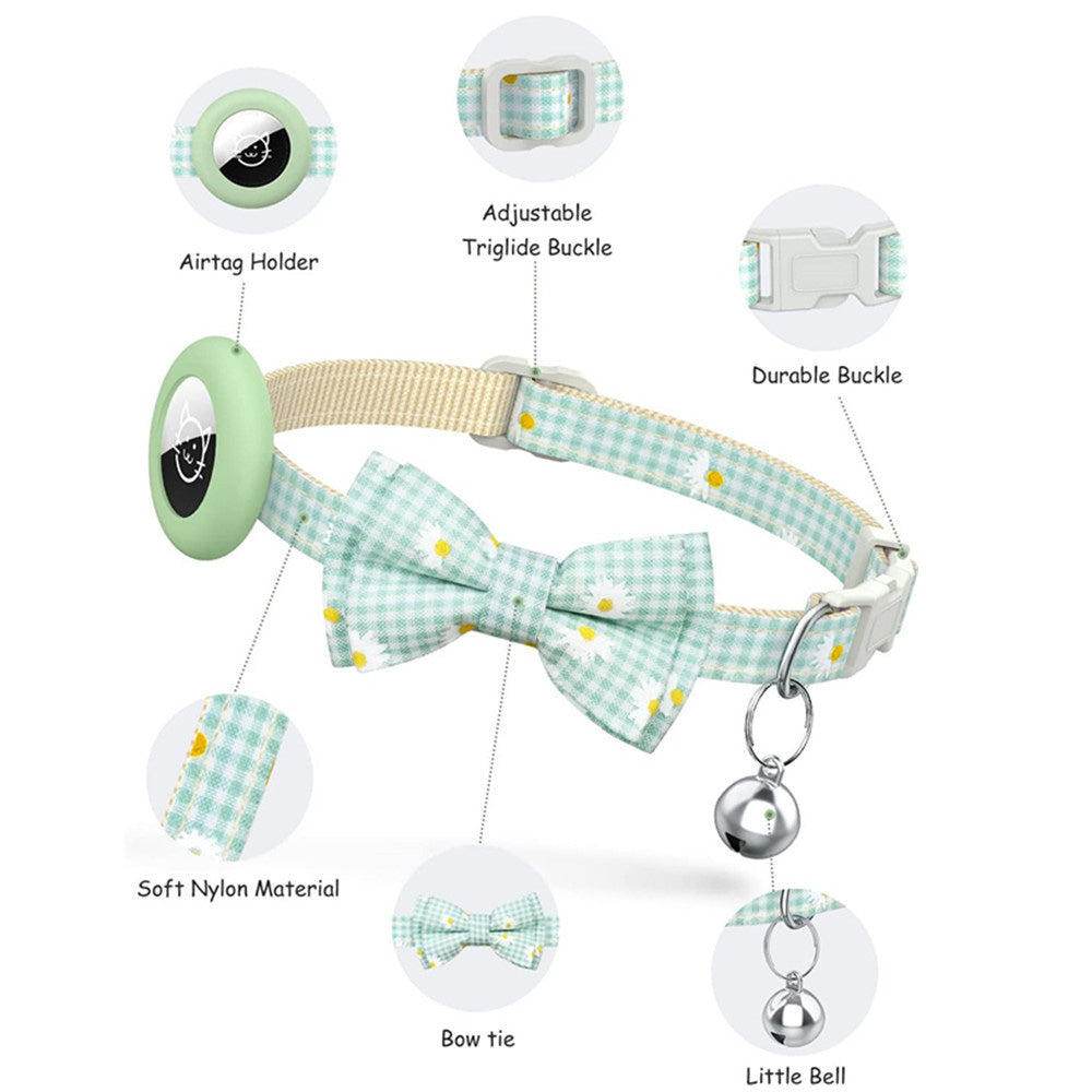 For AirTag Anti-lost Tracker Silicone Case Grid Daisy Pattern Pet Safety Collar with Bow