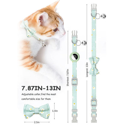 For AirTag Anti-lost Tracker Silicone Case Grid Daisy Pattern Pet Safety Collar with Bow