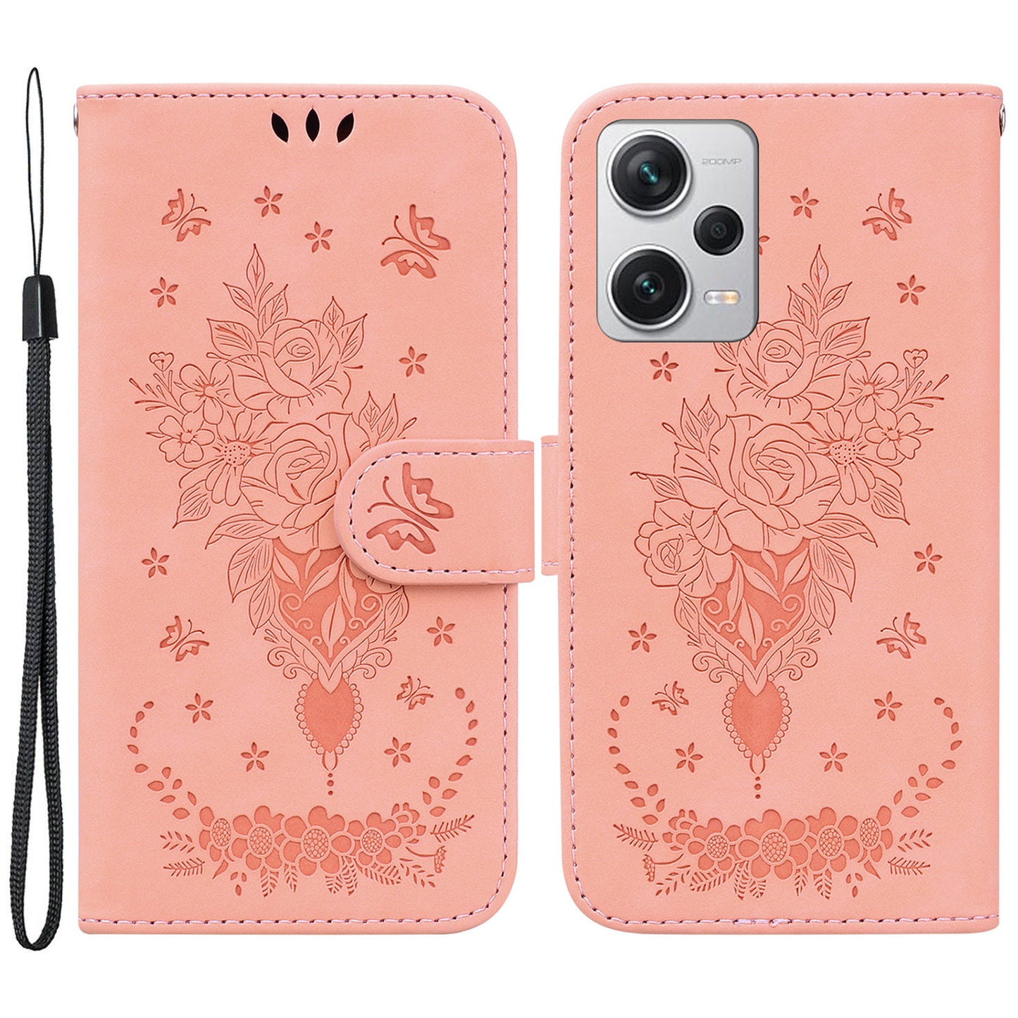 Leather Case for Xiaomi Redmi Note 12 Pro+ 5G Rose Butterfly Imprinted Stand Phone Wallet Cover