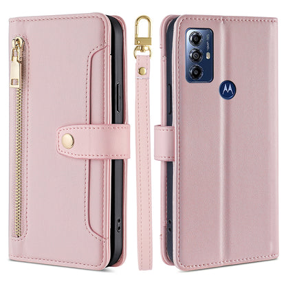 For Motorola Moto G Play (2023) 4G Zipper Pocket Anti-drop Phone Case Folding Stand Leather Wallet Cover with 2 Straps