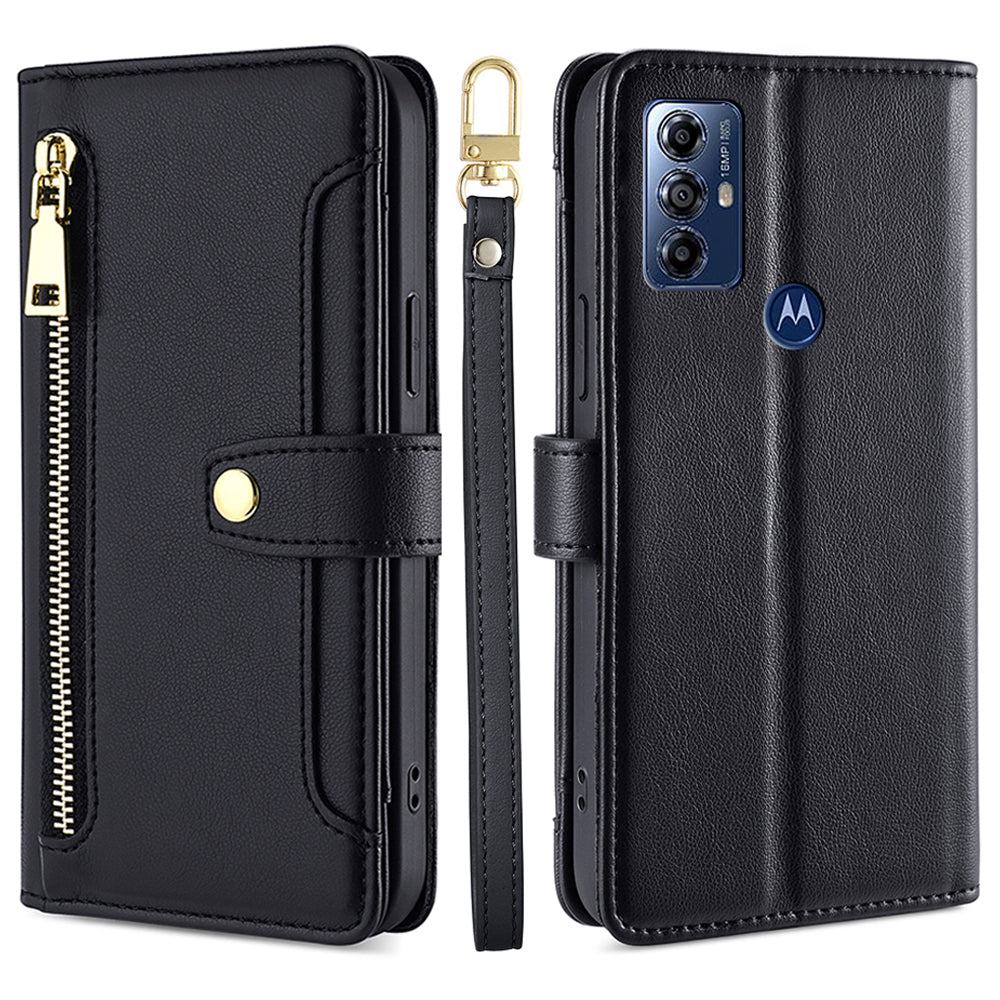 For Motorola Moto G Play (2023) 4G Zipper Pocket Anti-drop Phone Case Folding Stand Leather Wallet Cover with 2 Straps