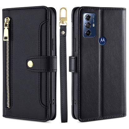 For Motorola Moto G Play (2023) 4G Zipper Pocket Anti-drop Phone Case Folding Stand Leather Wallet Cover with 2 Straps