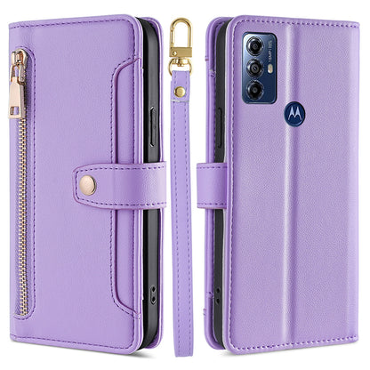 For Motorola Moto G Play (2023) 4G Zipper Pocket Anti-drop Phone Case Folding Stand Leather Wallet Cover with 2 Straps