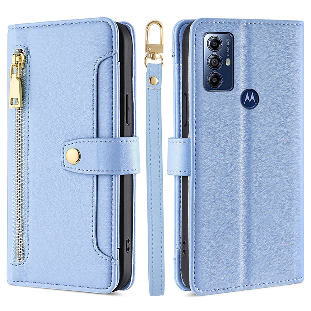 For Motorola Moto G Play (2023) 4G Zipper Pocket Anti-drop Phone Case Folding Stand Leather Wallet Cover with 2 Straps