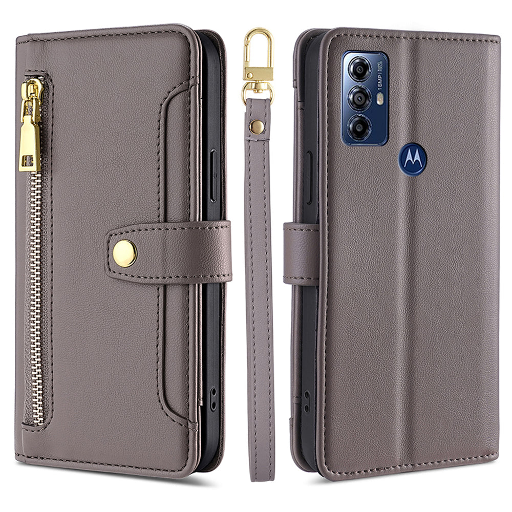 For Motorola Moto G Play (2023) 4G Zipper Pocket Anti-drop Phone Case Folding Stand Leather Wallet Cover with 2 Straps